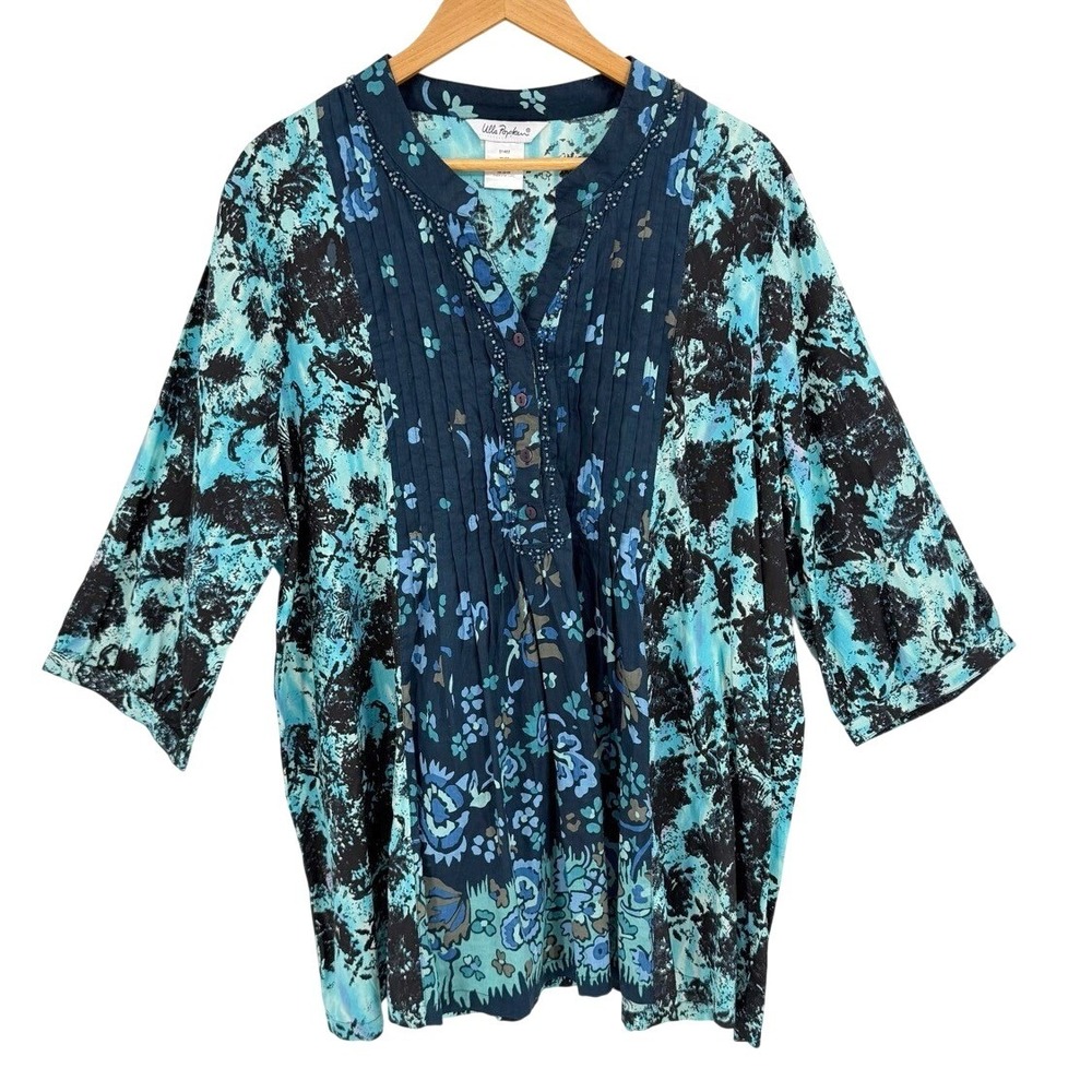 Ulla Popken Womens 20/22 Tunic Blouse Blue Floral Beaded Pintuck Top Lagenlook